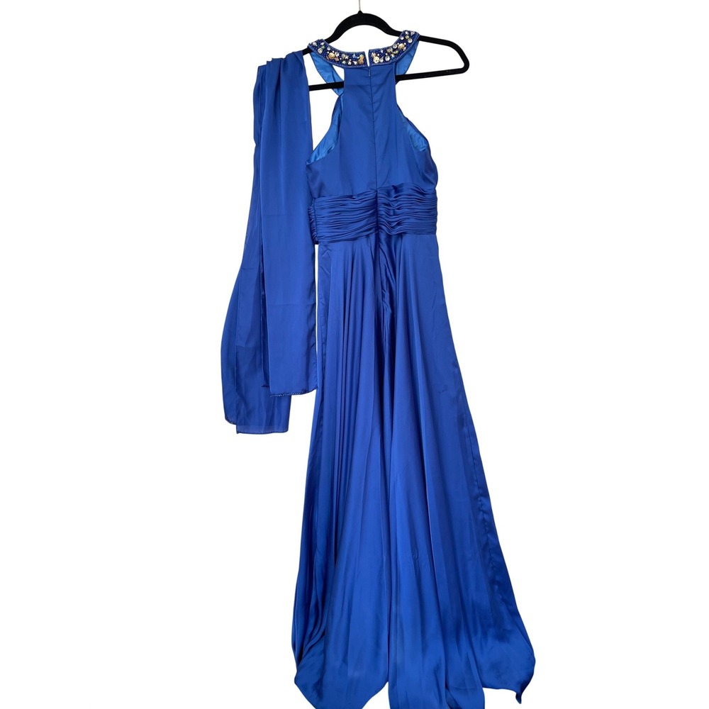 Dancing Queen Gown Womens S Blue Beaded Halter Ruched Maxi Ball Gown Dress - Picture 8 of 13